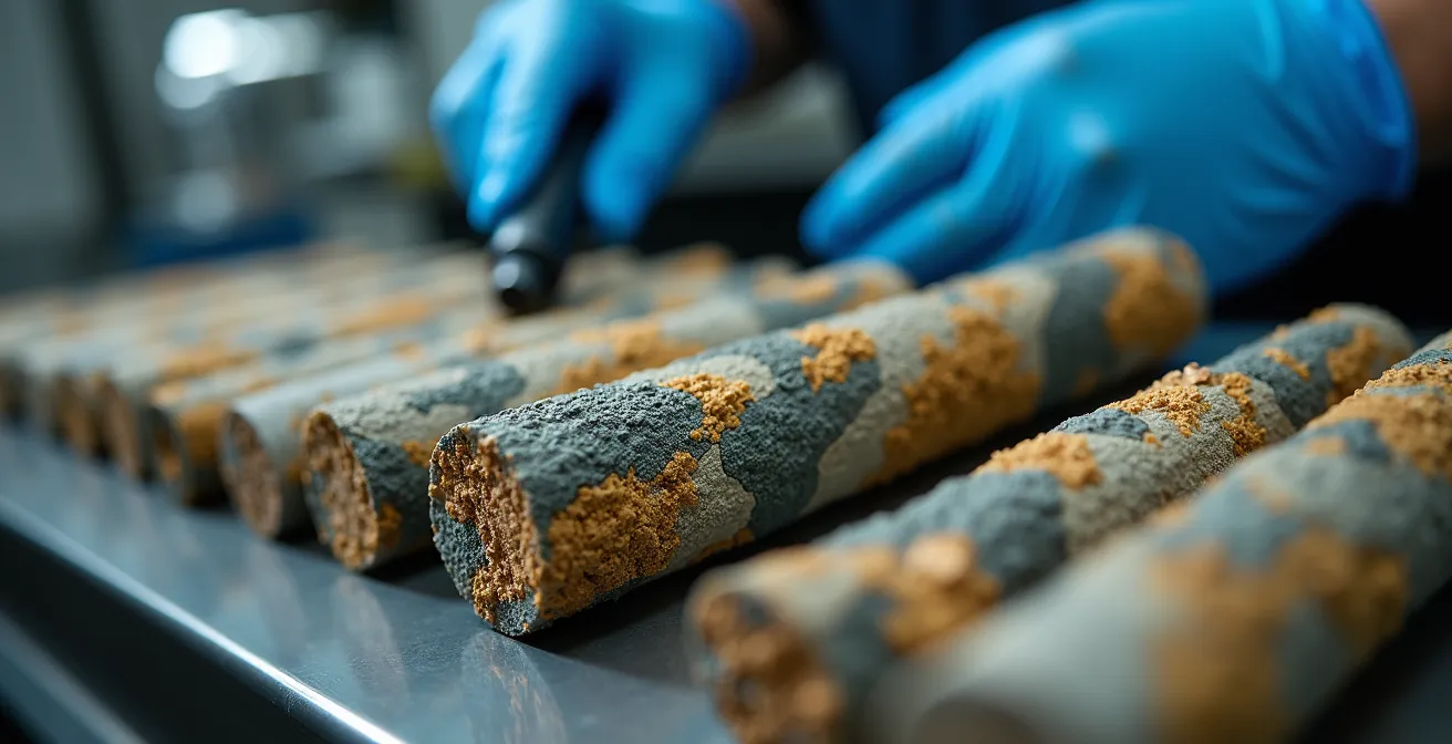 Géologue examinant des échantillons de carottes minérales dans un laboratoire d'exploration
