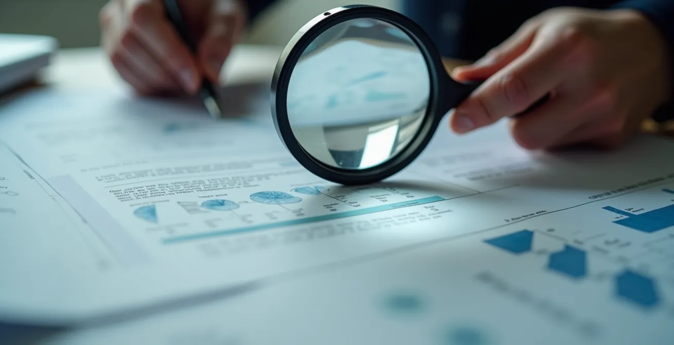 Gros plan sur des mains examinant des documents avec une loupe dans un environnement professionnel