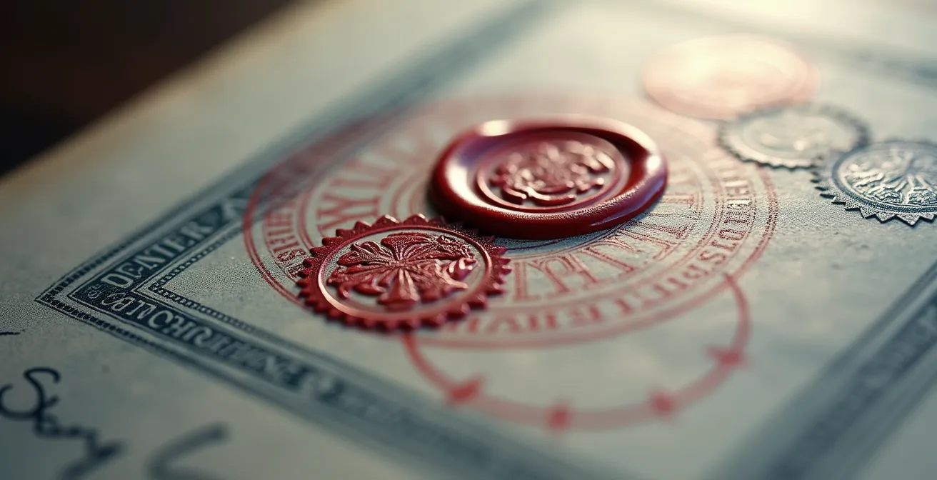 Macro détaillé de documents de certification avec tampons officiels flous