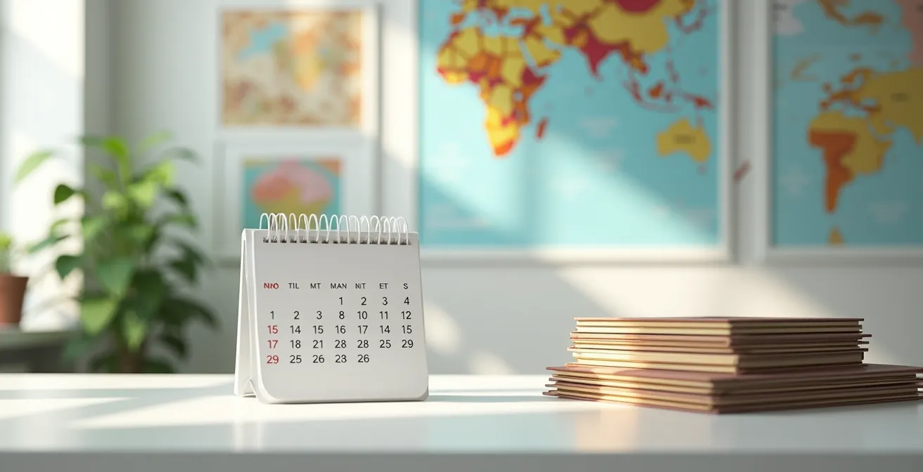 Espace de travail d'une agence de voyage avec calendrier et dossiers de suivi de marque