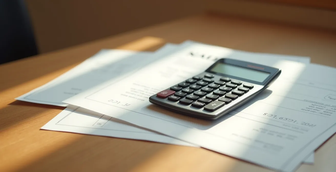 Calculatrice et documents financiers sur un bureau en bois