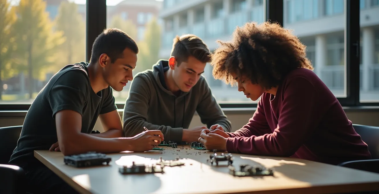 Étudiants travaillant sur des projets technologiques dans un espace de coworking moderne du campus de Waterloo.