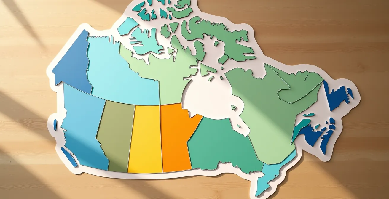Vue aérienne d'une carte du Canada avec régions colorées représentant les différents taux de taxation