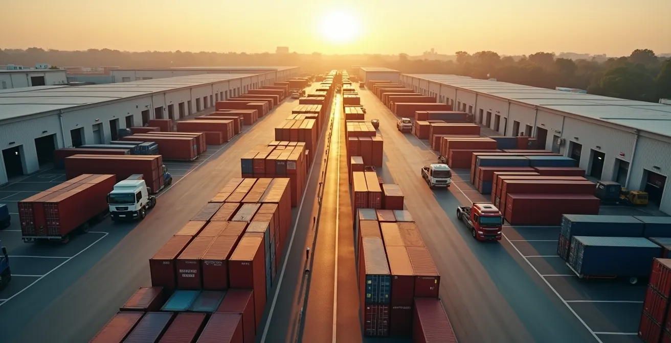 Vue aérienne d'un entrepôt logistique moderne avec zones de stockage diversifiées