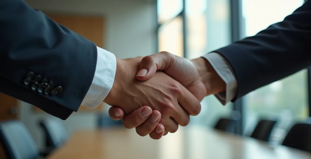Poignée de main professionnelle symbolisant un partenariat commercial interprovincial