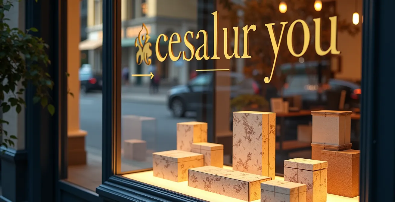 Vitrine de commerce local avec affichage stratégique des prix et mise en valeur des produits