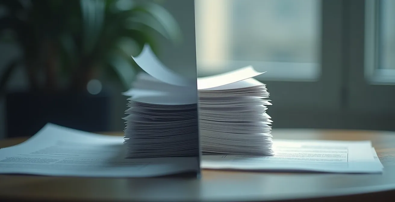 Comparaison visuelle entre la pile de documents exhaustive d'un audit complet et celle, plus légère, d'une mission d'examen.