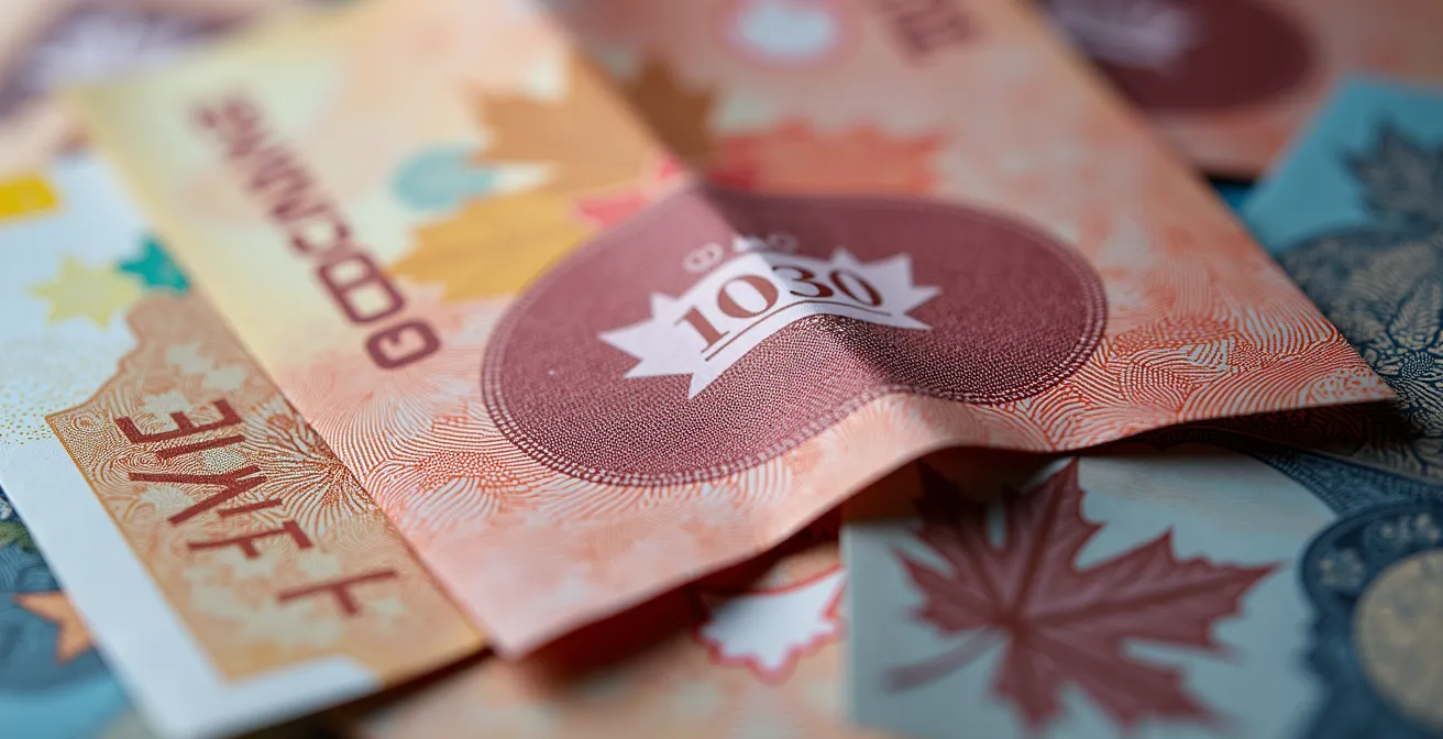 Vue macro détaillée de billets de dollars canadiens avec mise au point sélective montrant les textures et couleurs caractéristiques