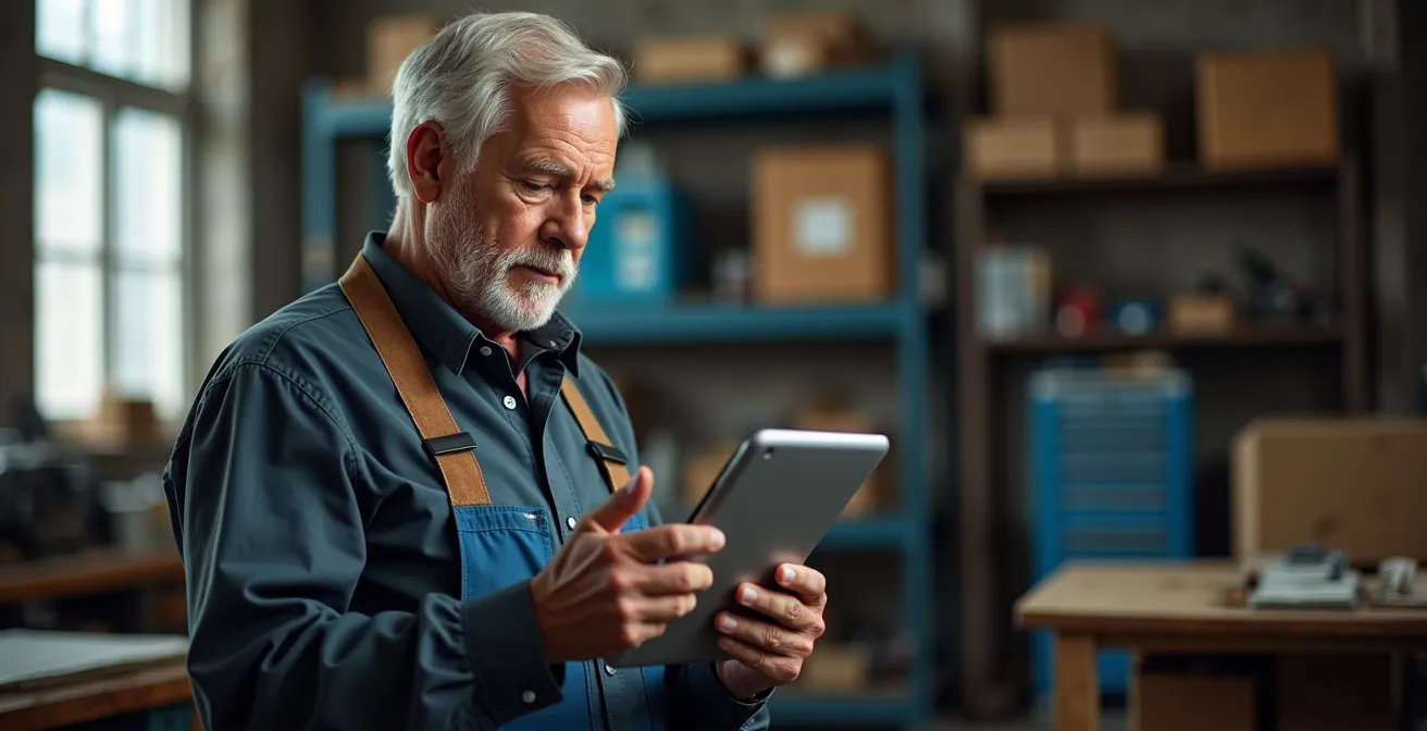 Contremaître senior utilisant une tablette tactile dans un atelier de production, montrant l'adoption naturelle du numérique
