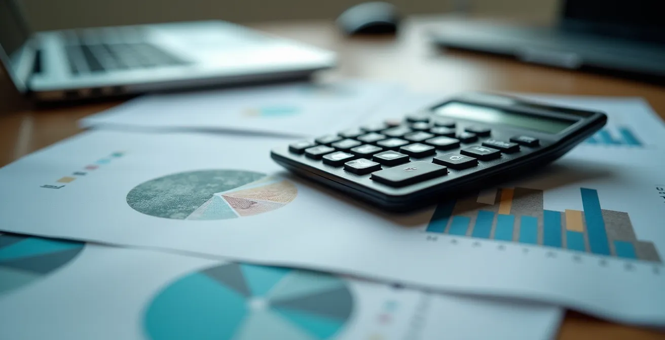 Vue macro détaillée de documents comptables et calculatrice représentant les coûts d'audit