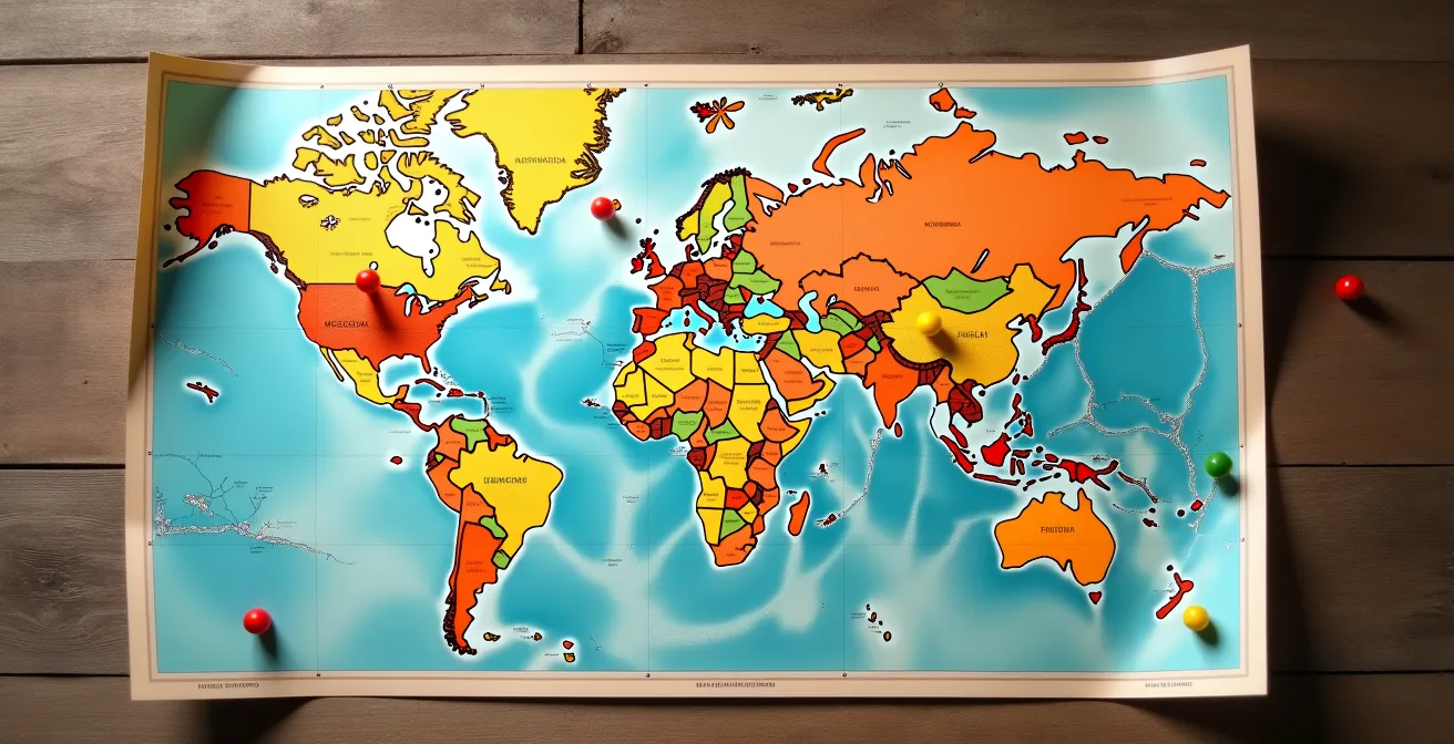 Vue aérienne d'une carte touristique régionale avec épingles colorées marquant différents points d'intérêt