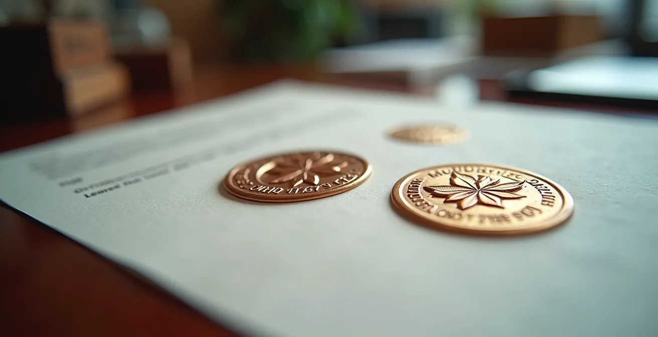 Détail macro de tampons corporatifs et sceaux officiels sur bureau en bois avec reflet de lumière naturelle