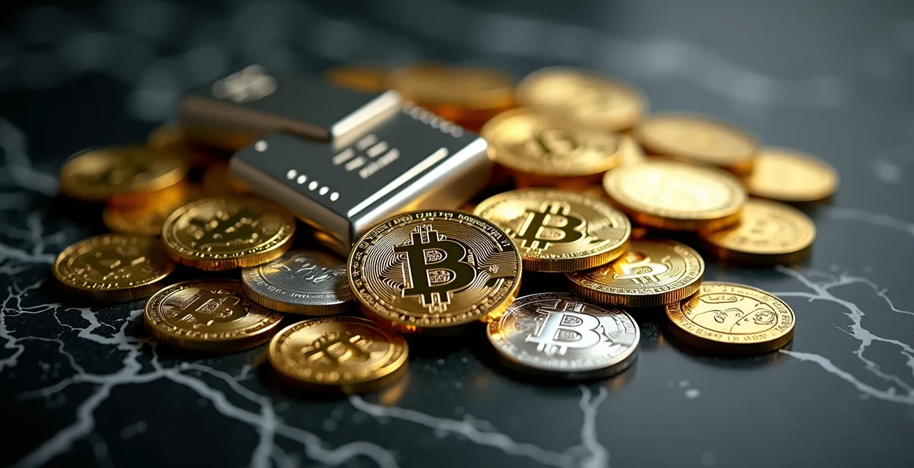 Composition abstraite montrant différents métaux précieux et documents financiers disposés artistiquement