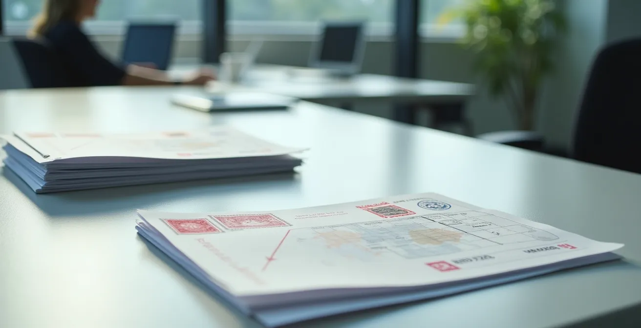 Bureau avec documents d'exportation et tampons officiels pour l'Asie