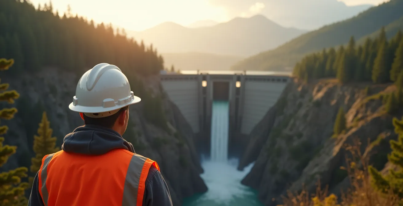 Barrage hydroélectrique avec nature verdoyante symbolisant l'énergie propre du Québec