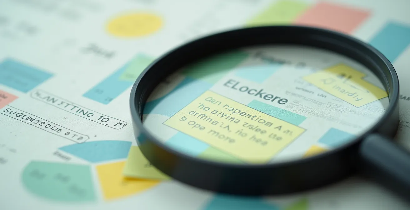 Gros plan sur une main tenant une loupe au-dessus d'un document avec éléments surlignés en couleur