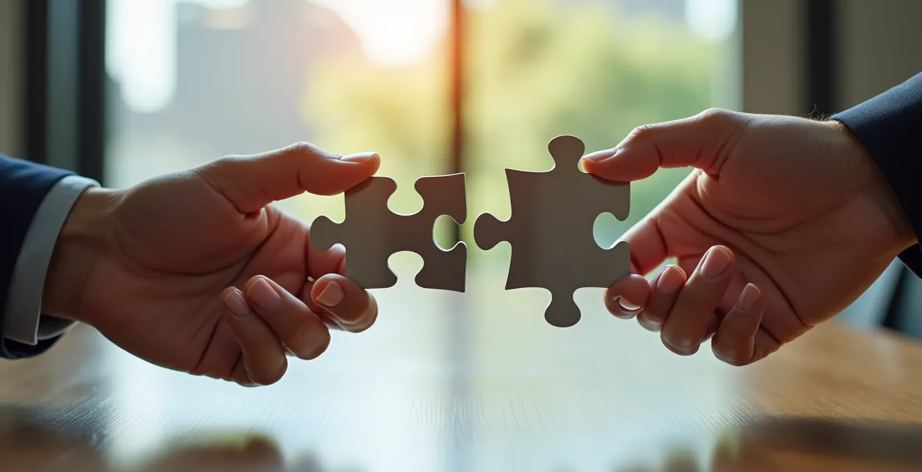 Représentation symbolique d'une fusion d'entreprises avec deux structures architecturales qui s'harmonisent