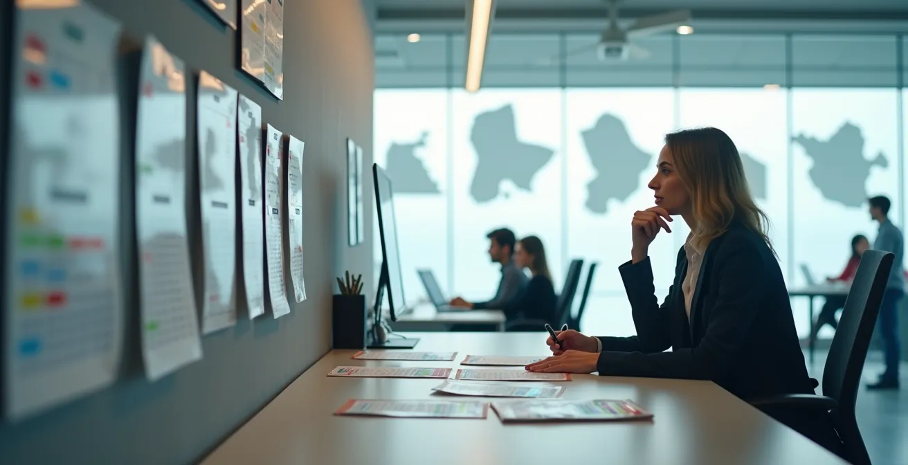 Bureau moderne avec cartes des provinces canadiennes et calendriers affichant différents jours fériés provinciaux