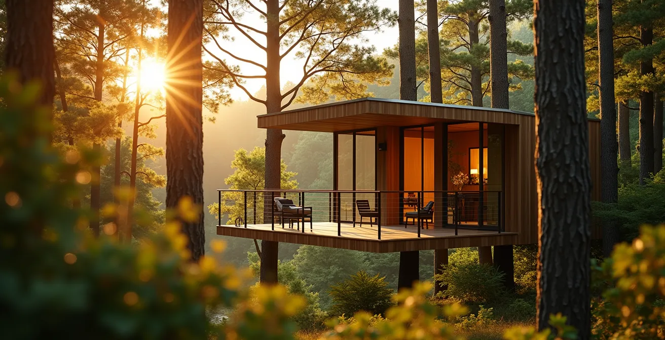 Vue latérale d'une cabane design en bois suspendue entre les arbres avec matériaux naturels visibles
