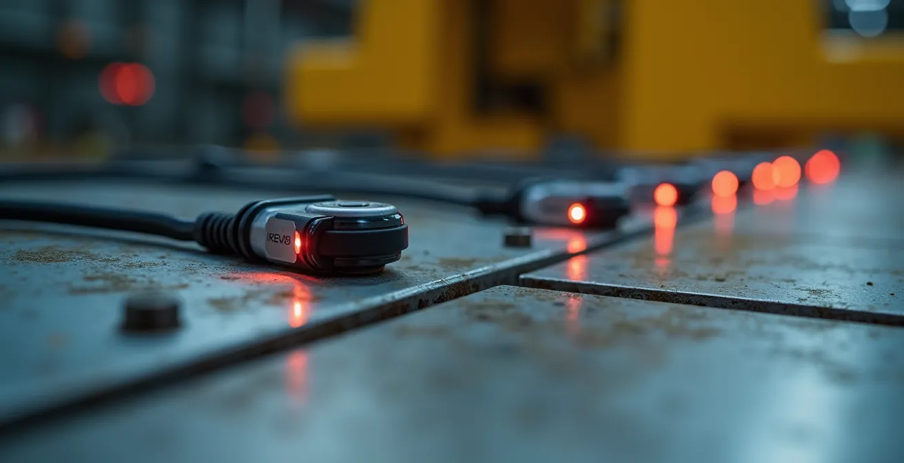 Gros plan sur des capteurs de vibration installés sur une machine industrielle pour la maintenance prédictive