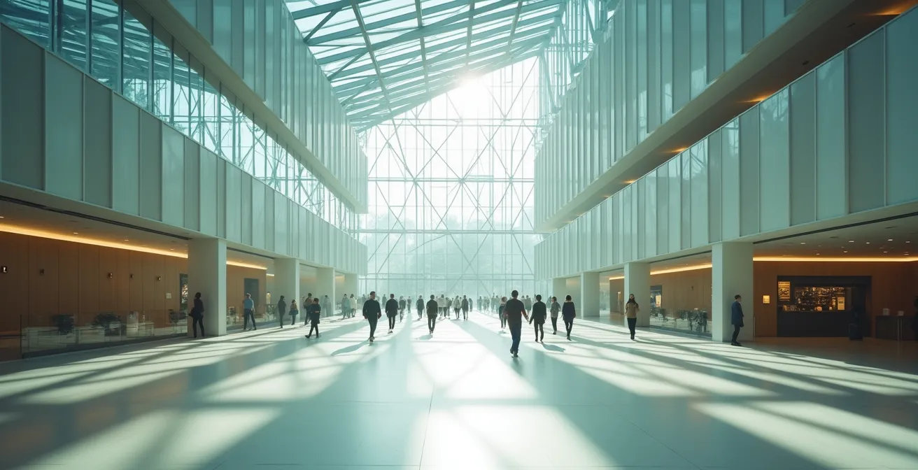 Atrium vitré du MaRS Discovery District avec architecture moderne et espaces de circulation.
