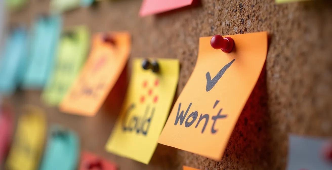 Vue macro d'un tableau en liège avec post-its colorés organisés en colonnes de priorités