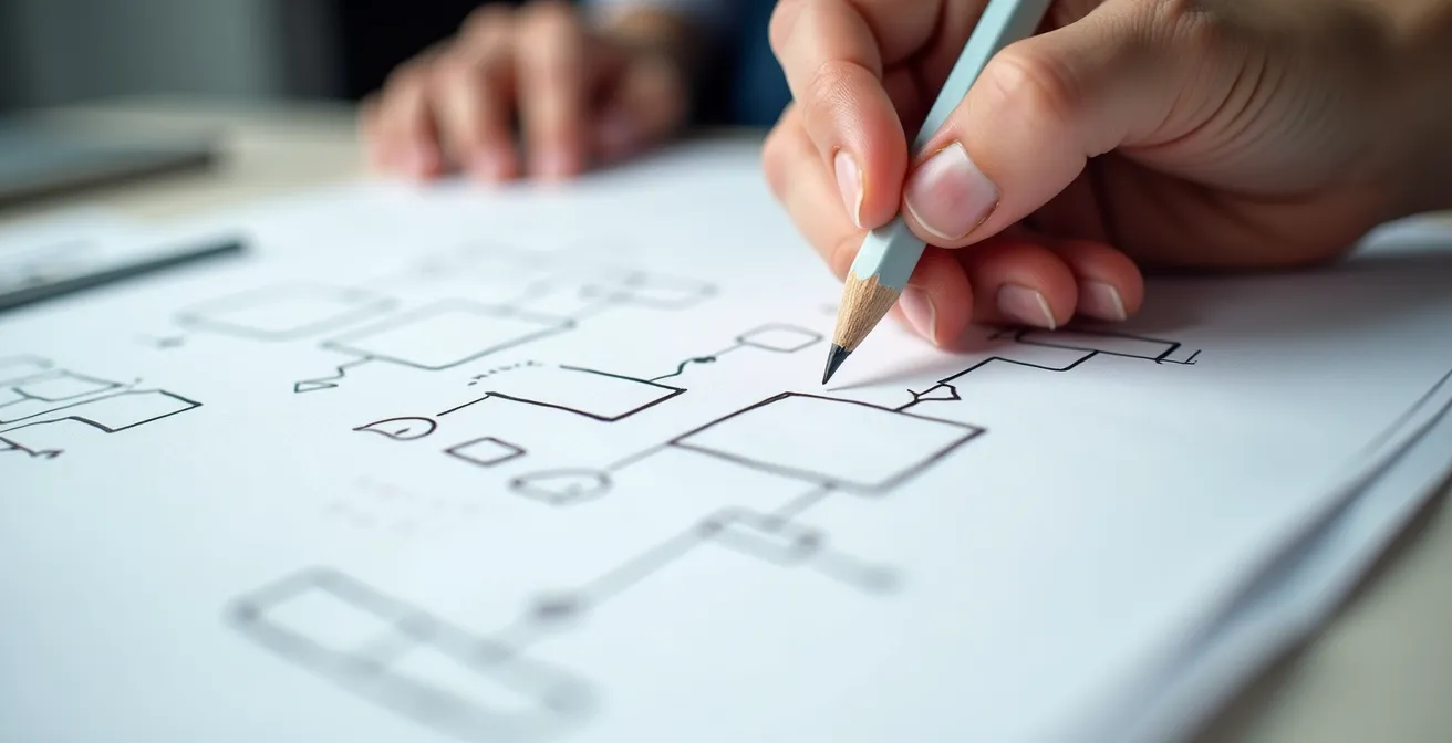 Vue macro de mains travaillant sur un prototype avec des éléments de conception épurés