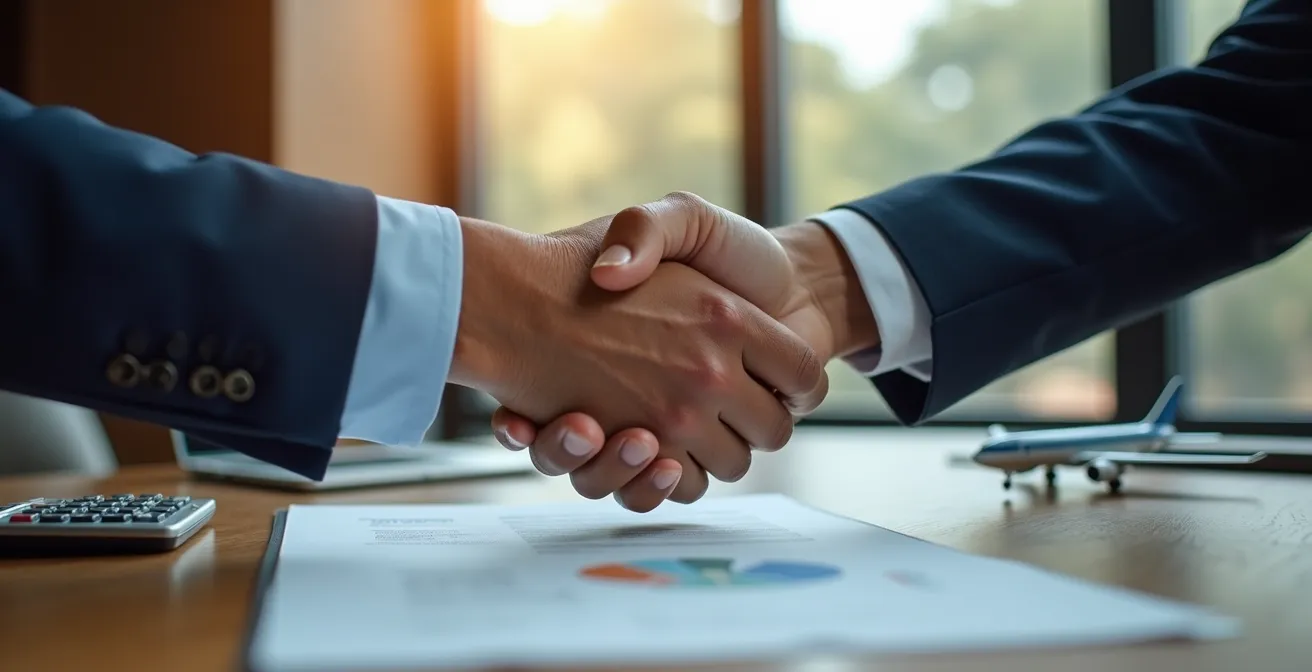Poignée de main entre dirigeant d'agence de voyages et fournisseur lors d'une négociation de délais de paiement