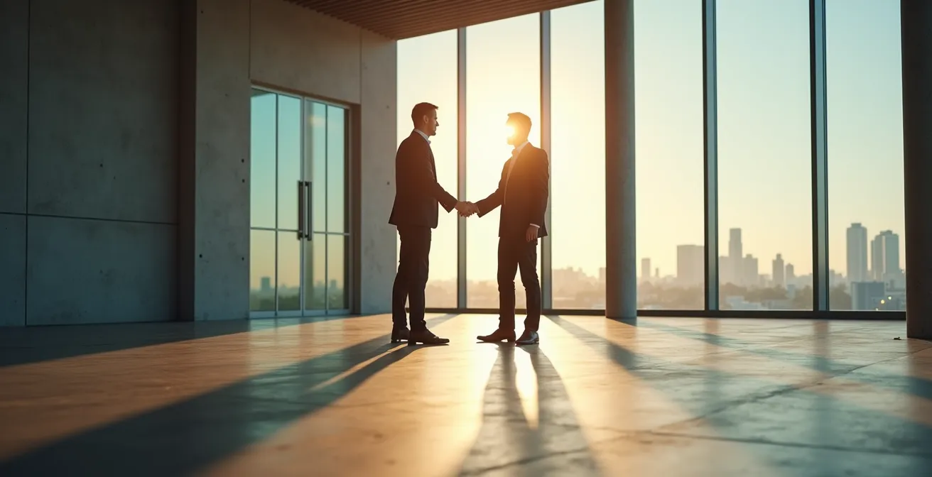 Deux partenaires d'affaires se serrant la main dans un bureau moderne pour sceller leur entente