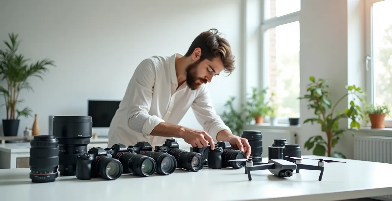 Photographe de voyage organisant son équipement professionnel lors d'un transfert d'actifs