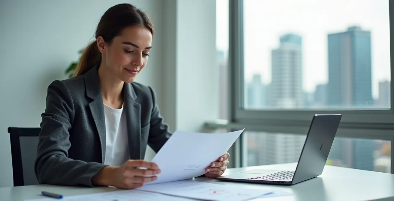 Entrepreneur européen travaillant sur documents d'immigration dans un bureau moderne avec vue sur Toronto
