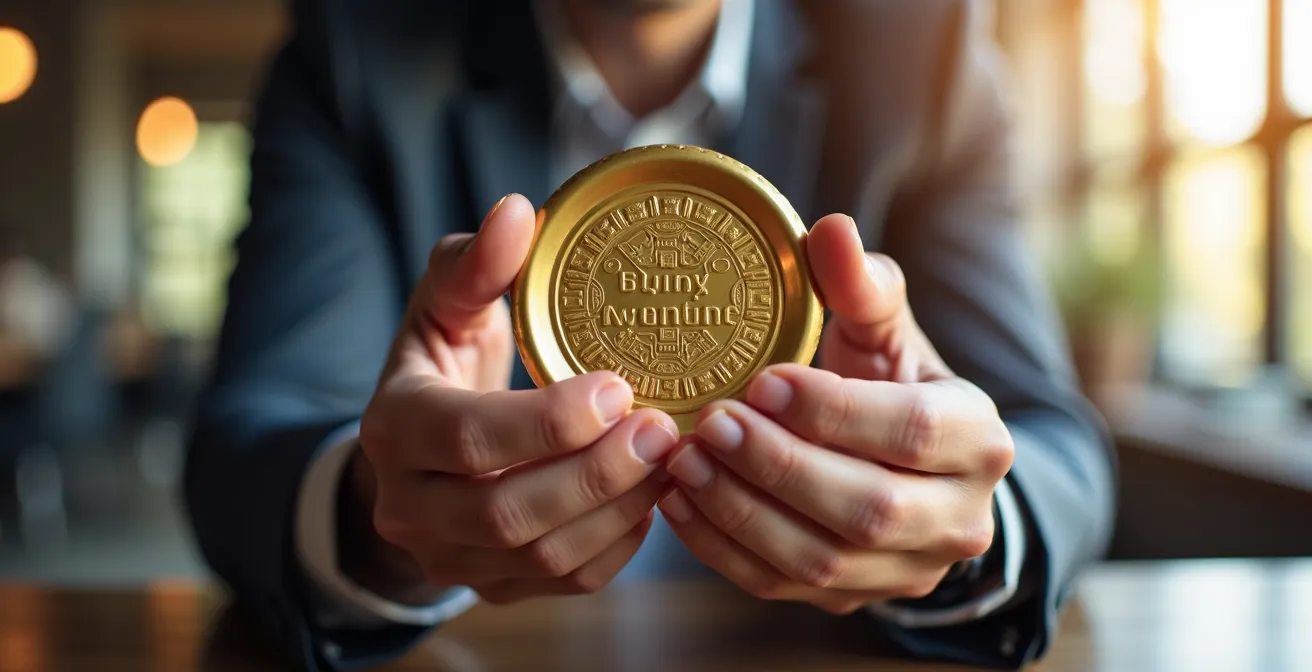 Un dirigeant satisfait tenant un sceau doré symbolisant l'obtention d'un rapport d'audit de haute qualité.