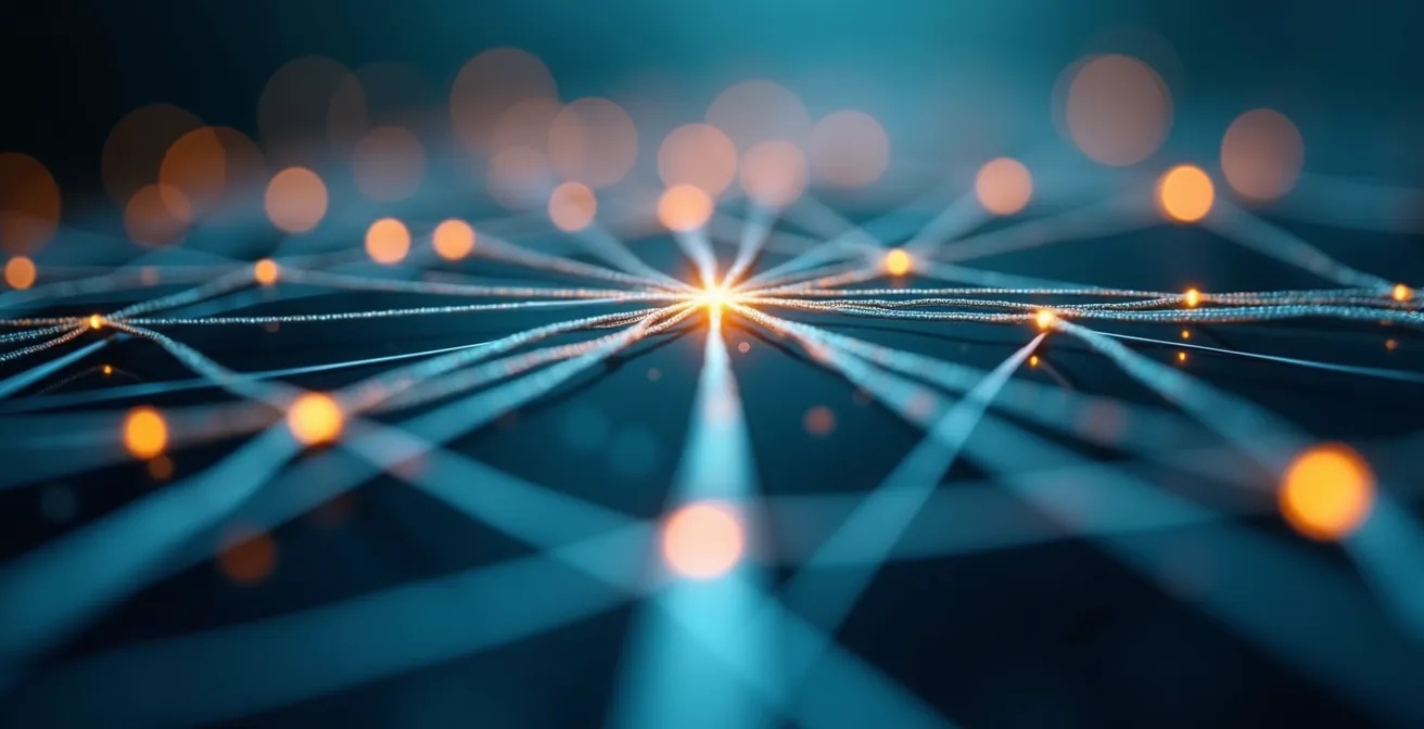 Vue macro de connexions réseau abstraites représentant les liens entre entrepreneurs et investisseurs