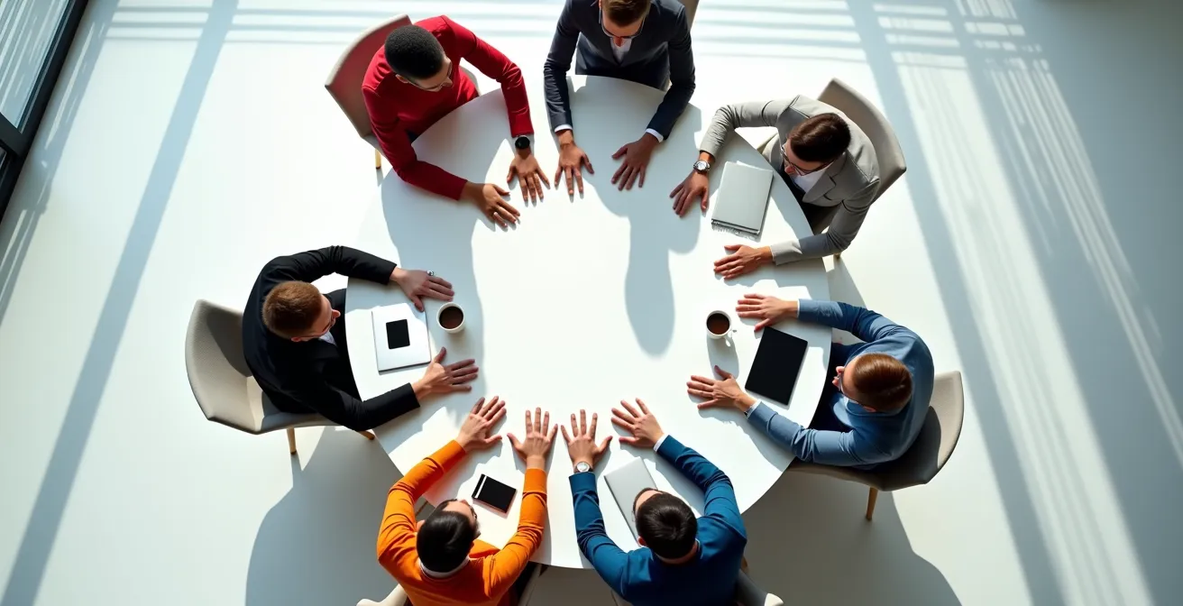 Groupe d'entrepreneurs alumni travaillant ensemble sur un projet collaboratif dans un espace lumineux