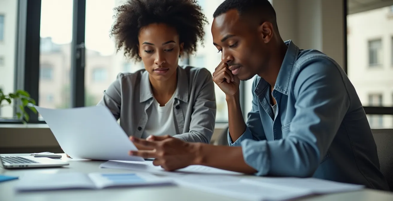 Réunion d'équipe analysant des graphiques financiers dans une salle de conférence moderne