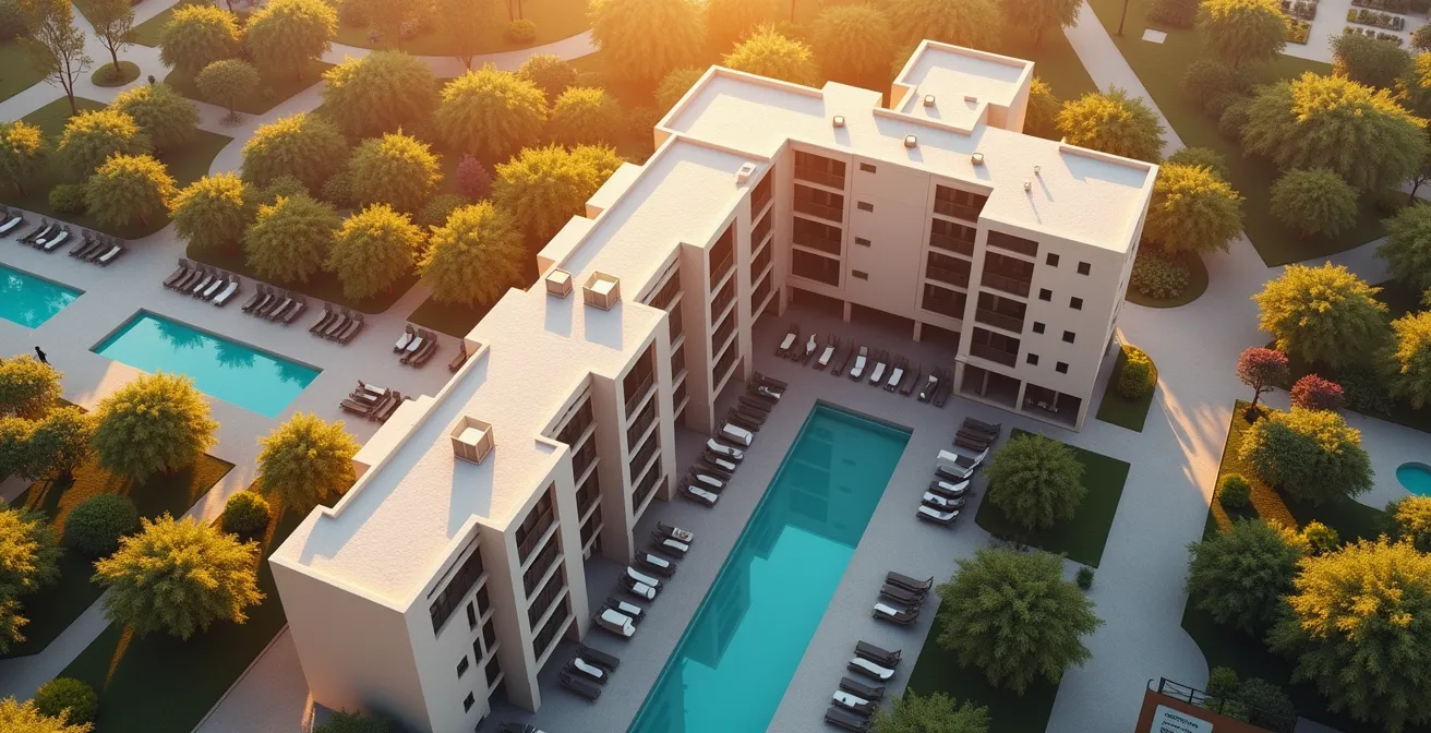 Vue aérienne abstraite d'un complexe hôtelier montrant le flux des espaces occupés et disponibles