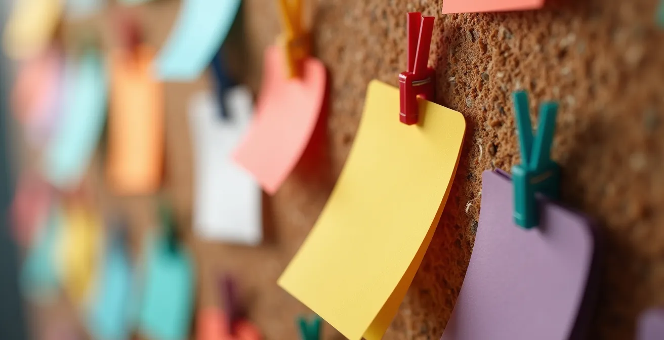 Gros plan sur des étiquettes colorées organisées sur un tableau de liège représentant différents segments clients