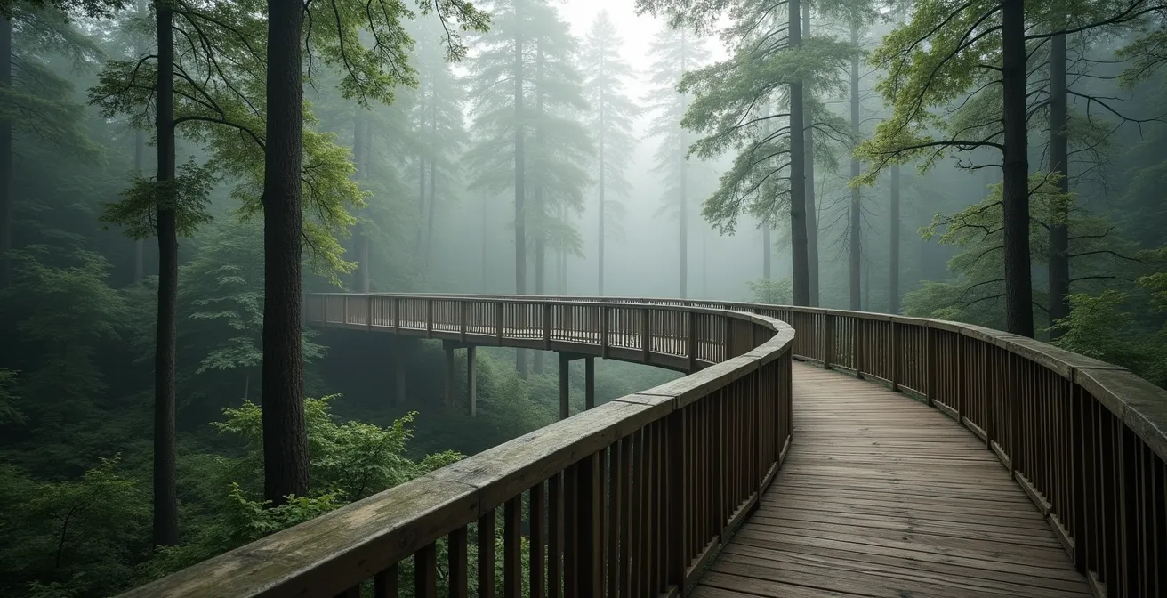 Sentier sinueux en bois surélevé traversant une forêt préservée avec plateforme d'observation intégrée dans le paysage