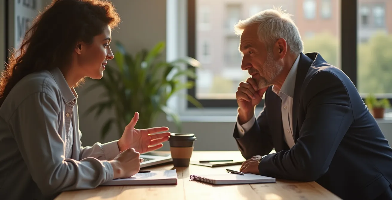 Session de mentorat individuelle entre un entrepreneur et un expert du tourisme dans un bureau moderne