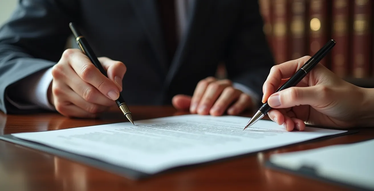 Mains professionnelles signant un document dans un bureau notarial élégant