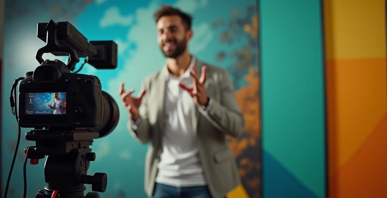 Studio de tournage professionnel avec caméra sur trépied filmant un entrepreneur devant un fond coloré