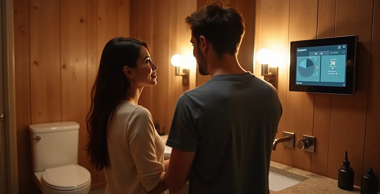 Intérieur luxueux d'une cabane autonome avec panneau de contrôle énergétique élégant et salle de bain design intégrant toilettes sèches haut de gamme