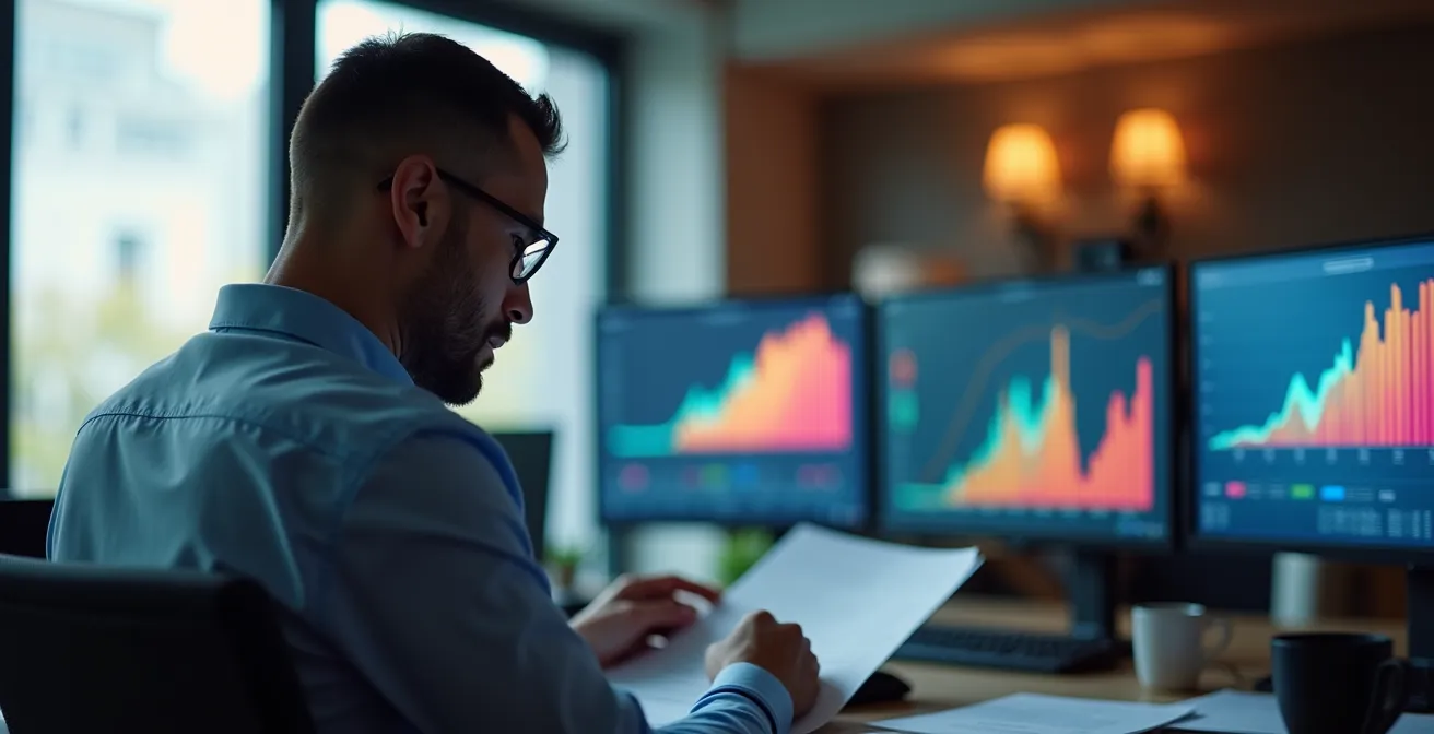 Personne analysant des données financières avec graphiques colorés en arrière-plan