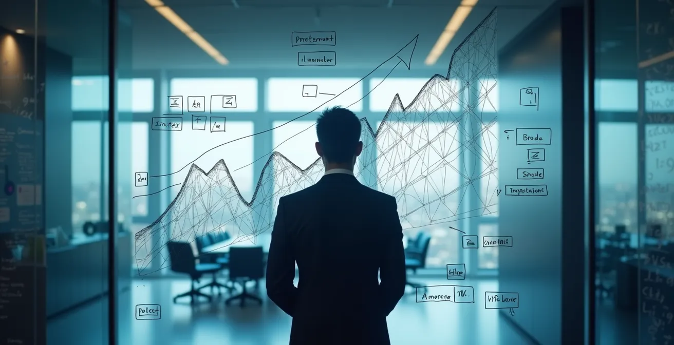 Personne analysant des données de croissance sur un tableau transparent avec des graphiques abstraits
