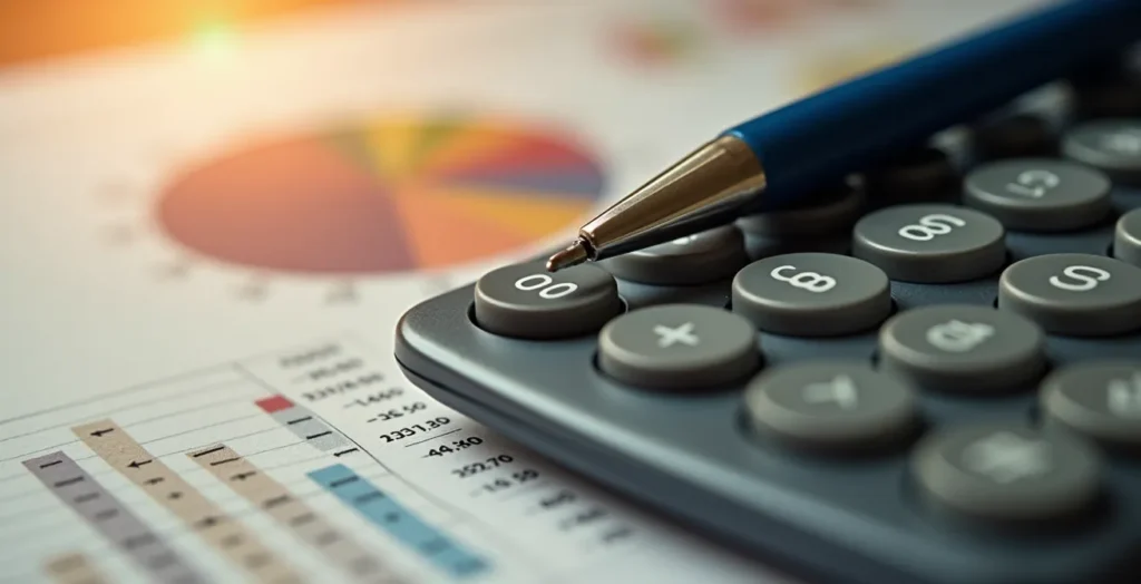 Vue macro de calculs financiers et graphiques sur bureau d'entrepreneur Vue macro de calculs financiers et graphiques sur bureau d'entrepreneur